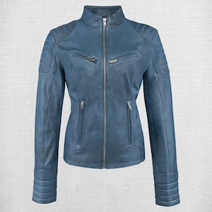 Stylish Wax Blue Leather Jacket For Women