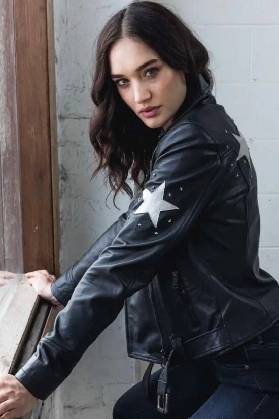 Black leather jacket with stars best sale