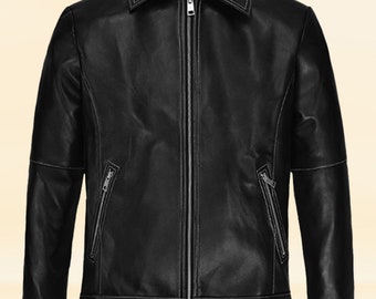 Elegante chaqueta negra de piel de oveja para hombre/chaqueta de cuero auténtico para hombre