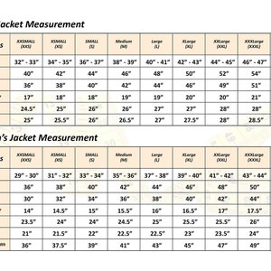 May include: A chart showing jacket measurements in inches for both men and women. The chart includes measurements for chest or bust size, jacket chest or bust, jacket waist, jacket shoulder, jacket sleeve, and jacket length. The chart also includes sizes from XXS to XXXXL.
