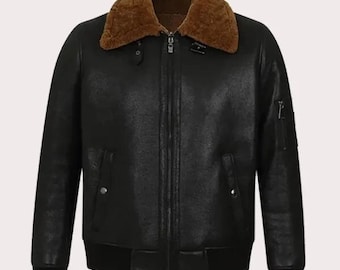 Męska czarna kurtka typu bomber aviator z owczej skóry