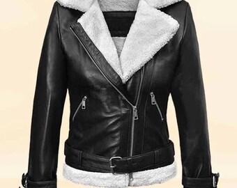 Elegant Real Leather Jacket With Faux Fur Worn by Rita Ora
