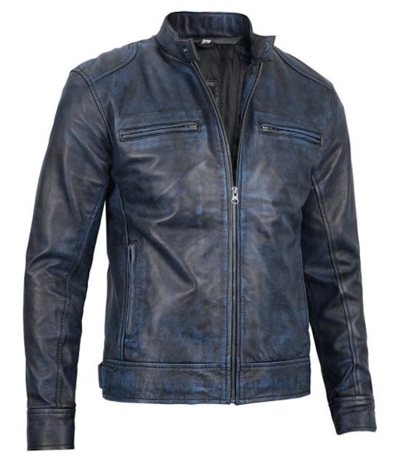 Veste Café Racer En Cuir D'agneau Véritable Zayn Leather - Bleue - Neuf Avec étiquettes