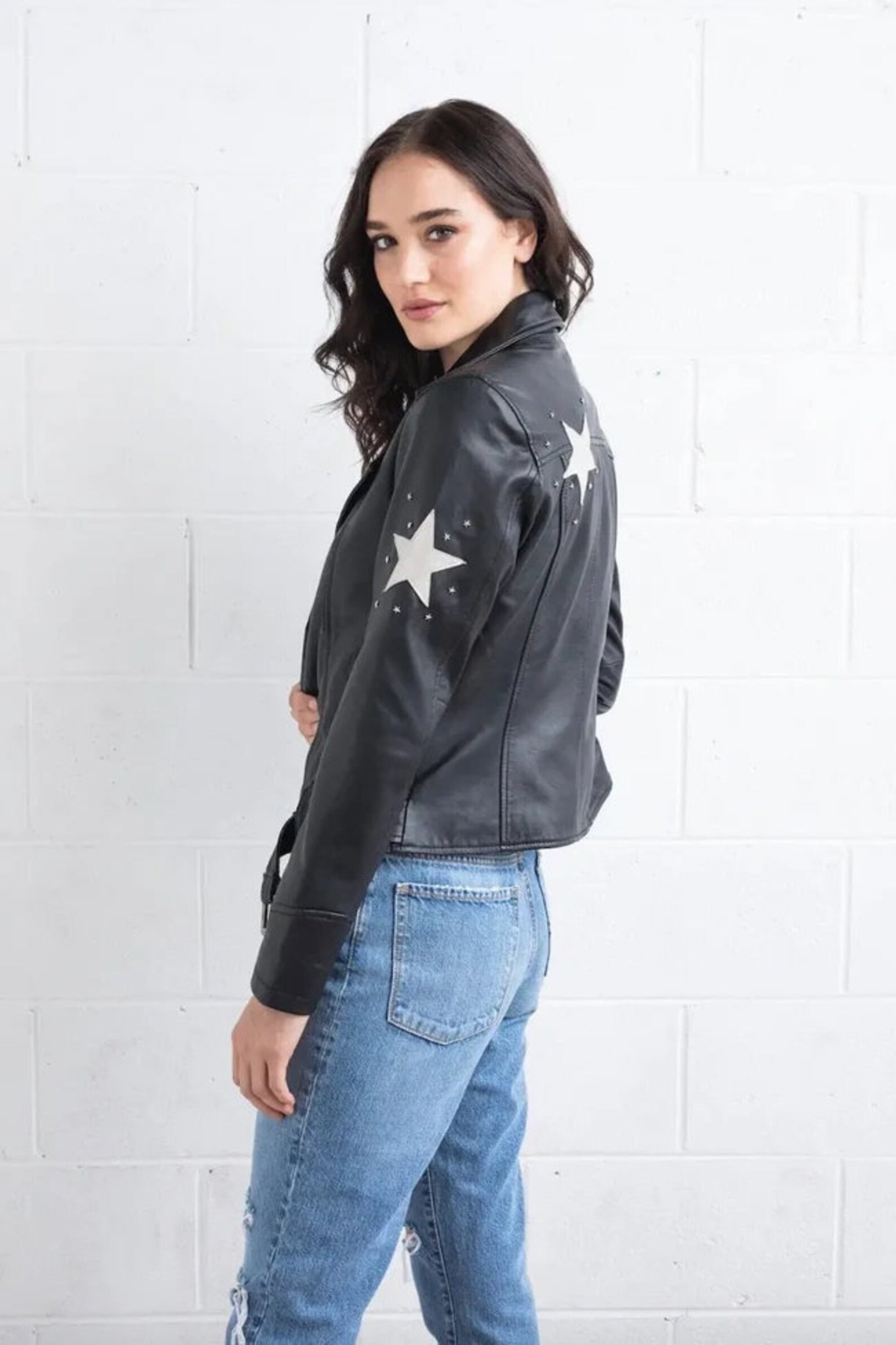 Women's Star Leather Jacket, Classic Moto Style - Etsy