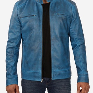 Waxed Blue Lambskin Leather Cafe Racer Jacket