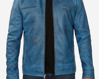 Waxed Blue Lambskin Leather Cafe Racer Jacket