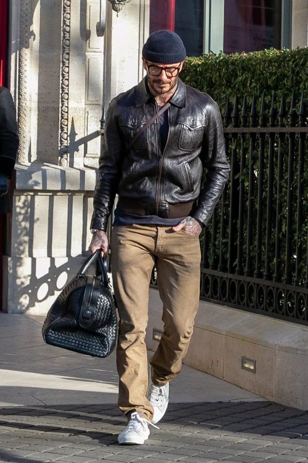 Hombres David Beckham Vintage Marrón/Negro Stannard Real Chaqueta De Cuero Genuino