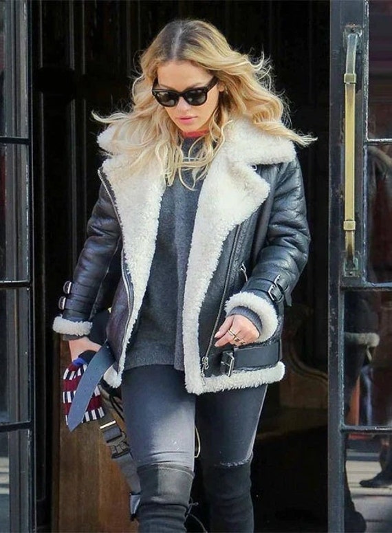 Elegant Real Leather Jacket With Faux Fur Worn by Rita Ora | Rita