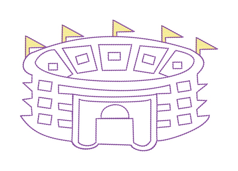 K&ouml;nnte beinhalten: Eine violette Linienzeichnung eines Stadions mit gelben Flaggen oben. Das Stadion hat ein abgerundetes Dach mit Sitzreihen und einen rechteckigen Eingang.
