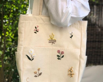 Floral Shoulder Bag With Zipper And Pocket, Wild Flower Tote Bag, Hand Embroidered Tote, Personalised Gift, Shopping Bag, Handmade Gift