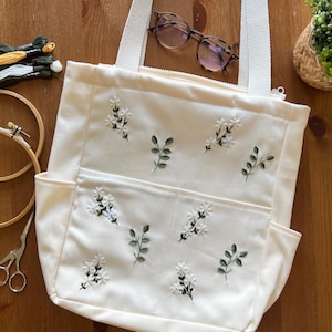 Tote Bag With Hand Embroidered Flowers | Flower Tote Bag With Inner Pockets | Bridesmaid Tote Bag | Wedding | Gift For Her | Spring Gift