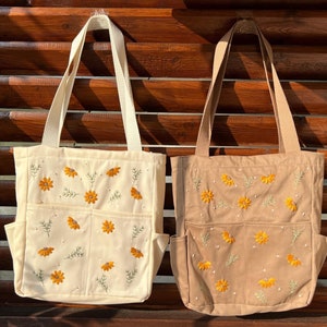 Orange Daisy bestickte Einkaufstasche, Sommer-Schultertasche, College-Einkaufstasche, minimalistische Tasche, handbestickte Einkaufstasche, niedliche Einkaufstasche, Geschenk für sie