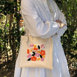 Floral Punch Needle Canvas Tote Bag: Hand Embroidered Crossbody