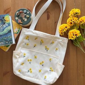Handbestickte Sunflower-Einkaufstasche, Sommer-Umhängetasche, niedliche kleine Sunflower-Stickerei-Markttasche, umweltfreundliche Einkaufstasche, handgemachtes Geschenk