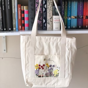 Flower Garden Canvas Tote Bag, Hand Embroidered Floral Shoulder Bag, Shopping Bag, Tote With Zipper, Multi-Pocket Bag, Wild Flower Tote Bag