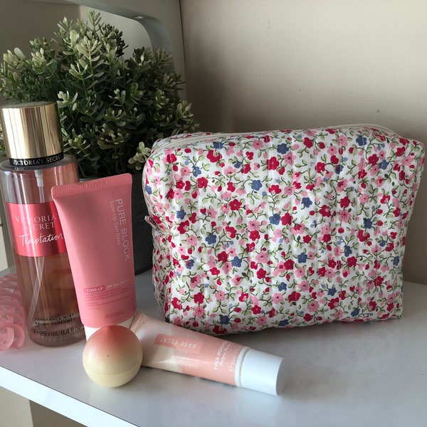 Pink Floral Make Up Bag, Cosmetic Organizer, Cute Make Up Bag, Travel Bag Woman,Zippered Box Pouch, Quilted Cotton Cosmetic Bag,Gift For Her