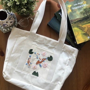 Embroidered Koi Fish Tote Bag: Handmade Canvas Zippered Shopper