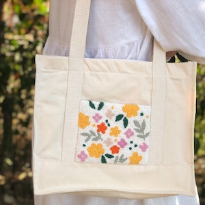 Perforée avec aiguille, sac en toile jardin fleuri, rentrée des classes, fourre-tout multi-poches, sac de marché pour broderie, fourre-tout capitonné à la main, sac fourre-tout pour ordinateur portable, mignon fourre-tout