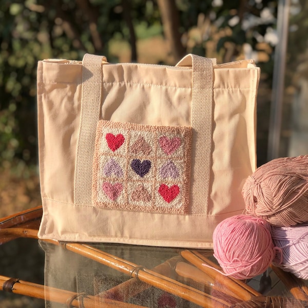 Heart Punch Needle Canvas Tote Bag, Simple School Bag,Laptop Tote Bag,Multi-Pocket Tote,Eco Friendly Grocery Bag,College Students School Bag