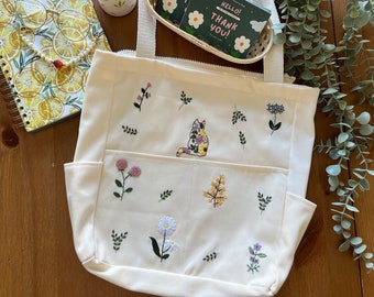 Flowers and Cat Embroidered Tote Bag, Hand Embroidered Wild Flower Tote Bag, Large Shoulder Bag, Tote With Zipper, Shopping Bag, Laptop Tote