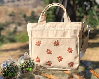 Hand Embroidered Canvas Tote Bag, Student Shoulder Handbag, Floral Tote Bag, Long Strap Crossbody Bag, Flower Embroidered Tote Bag, Gift