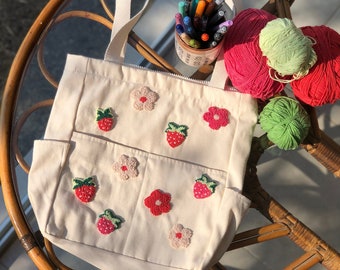 Strawberry Punch Needle Shoulder Bag, Cute Canvas Tote Bag, Eco Friendly Grocery Bag, Student Shoulder Handbag, Organic Tote, Birthday Gift