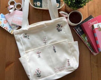 Embroidered Canvas Tote Bag, Pink Flowers Embroidery, Floral Canvas Tote Bag, Embroidery Bag Summer Wildflowers, Vintage Bag, Cute Tote Bag