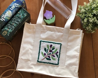 Olive Branch Punch Needle Canvas Bag, Embroidery Market Bag, Multi-Pocket Tote,College Students School Bag, Hand Tufted Bag, Laptop Tote Bag