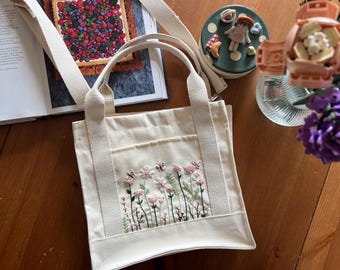 Pink Flowers Garden Tote Bag, Hand Embroidered Flowers, Personalized Gift, School Tote Bag,Multi-Pocket Tote,Cute Embroidery,Gift For Friend