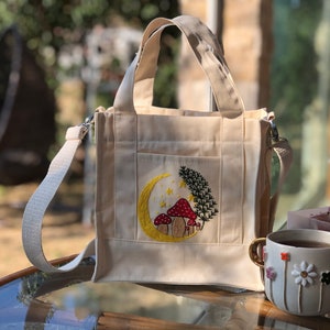 Mushroom Embroidered Mini Bag, Strap Crossbody Bag, Mushroom Small Totebag, Crossbody Canvas Mini Bag, Cute Small Mini, Hand Embroidered Bag image 5