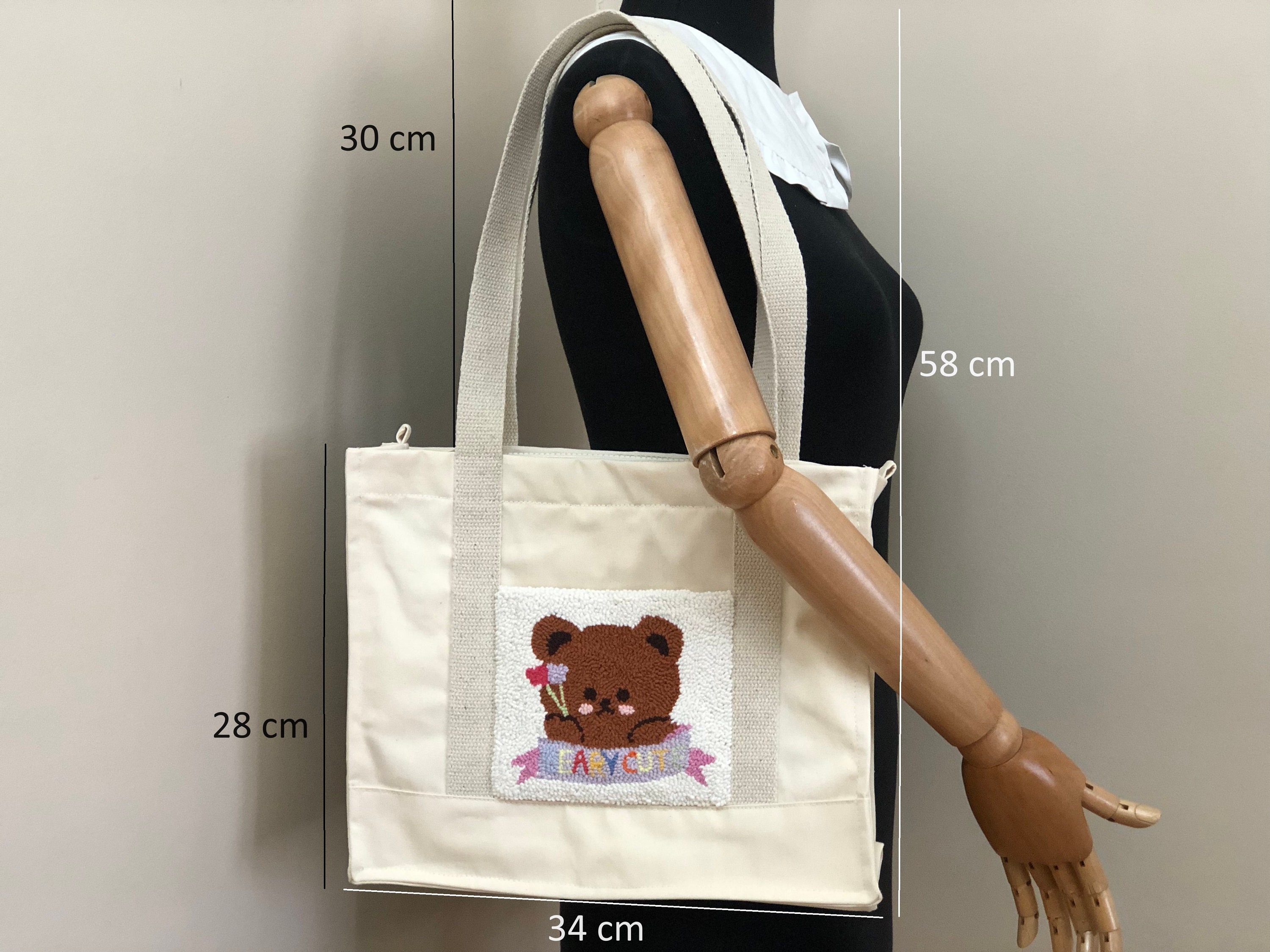 Cute Bear Embroidered Tote Bag, Punch Needle Tote Bag