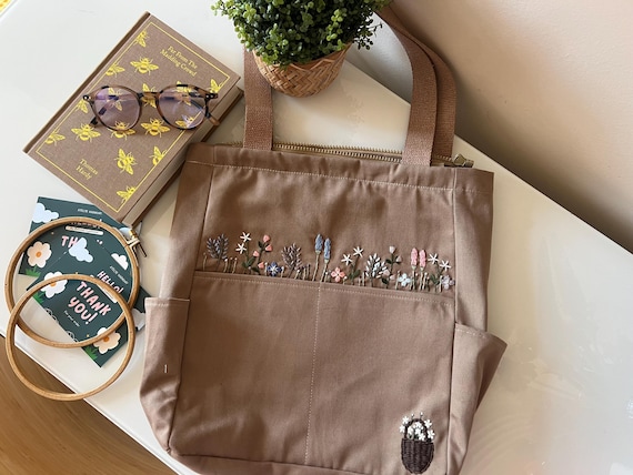 Flower Garden Embroidered Brown Bag, Aesthetic Tote Bag, Cute Grocery Bag, College Tote Bag, Hand Embroidered Bag,Bag With Pockets,Best Gift