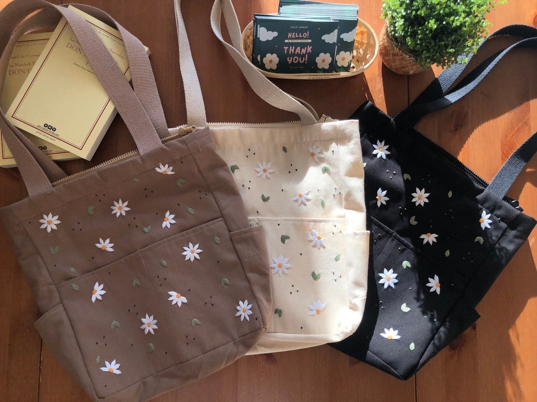 Daisy Embroidered Shoulder Bag, Floral Tote With Zipper, Laptop Tote