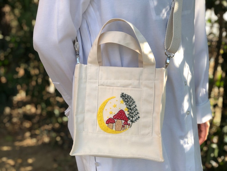 Mushroom Embroidered Mini Bag, Strap Crossbody Bag, Mushroom Small Totebag, Crossbody Canvas Mini Bag, Cute Small Mini, Hand Embroidered Bag image 2