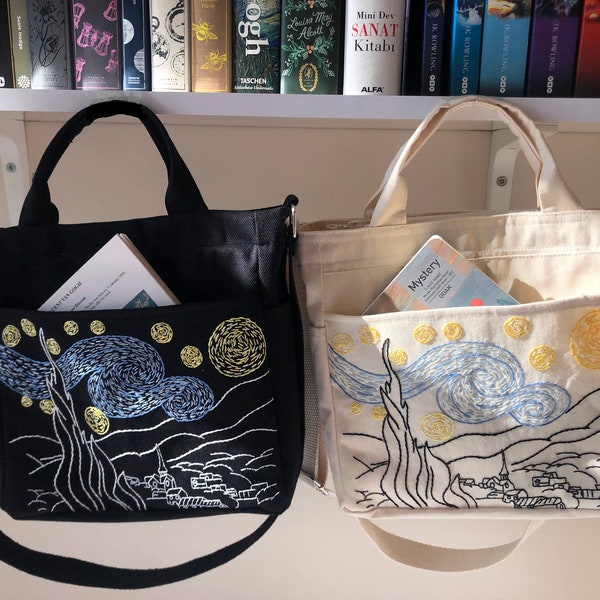 Starry Night Tote Bag, Crossbody Handmade Bag, Van Gogh Tote Bag,Hand Embroidered,Scenery Aesthetic Bag, Painting Art Tote Bag,Vincent Art