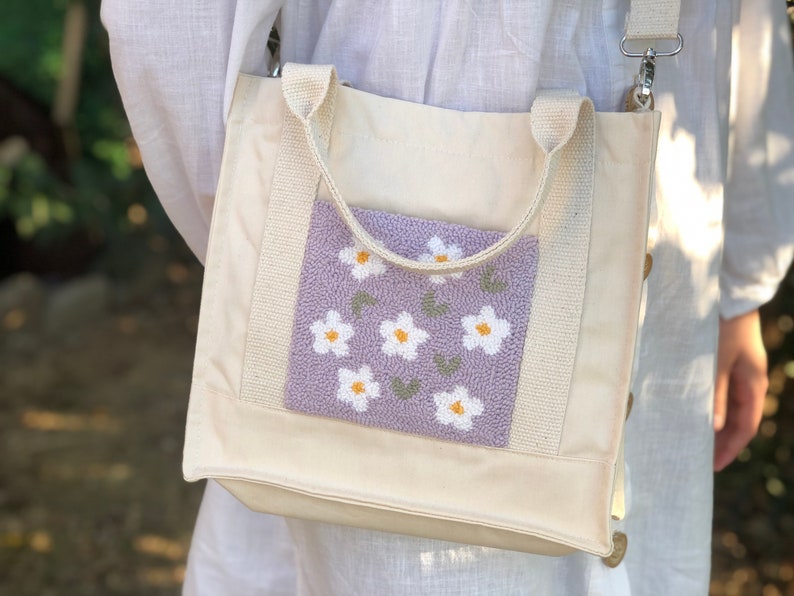 Lilac Punch Needle Canvas Tote, Hand Tufted Bag, Long Strap Crossbody Bag,Purple Flower Tote,Eco Friendly Grocery Market Bag,Bridesmaid Gift image 4