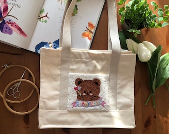 Adorable sac fourre-tout avec ours, Punch Needle, Cabas bandoulière, Adorable sac d'école, Sac à main avec broderie, Sac fourre-tout pour ordinateur portable, Broderie d'ours, Sac à bandoulière décontracté