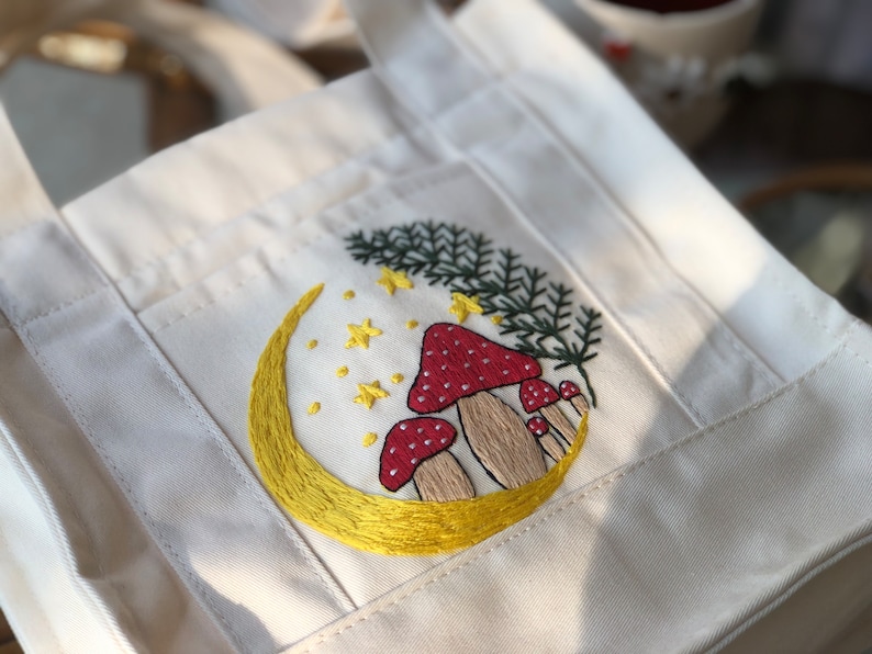 Mushroom Embroidered Mini Bag, Strap Crossbody Bag, Mushroom Small Totebag, Crossbody Canvas Mini Bag, Cute Small Mini, Hand Embroidered Bag image 7