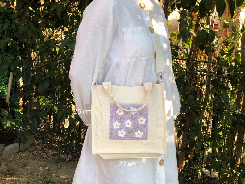 Lilac Punch Needle Canvas Tote, Hand Tufted Bag, Long Strap Crossbody Bag,Purple Flower Tote,Eco Friendly Grocery Market Bag,Bridesmaid Gift image 2