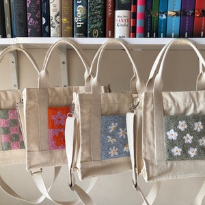 Handmade Punch Needle Canvas Tote Bag: Embroidered Inner Pockets