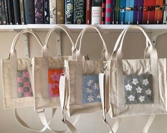 Borsa tote in tela Punch Needle fatta a mano: tasche interne ricamate