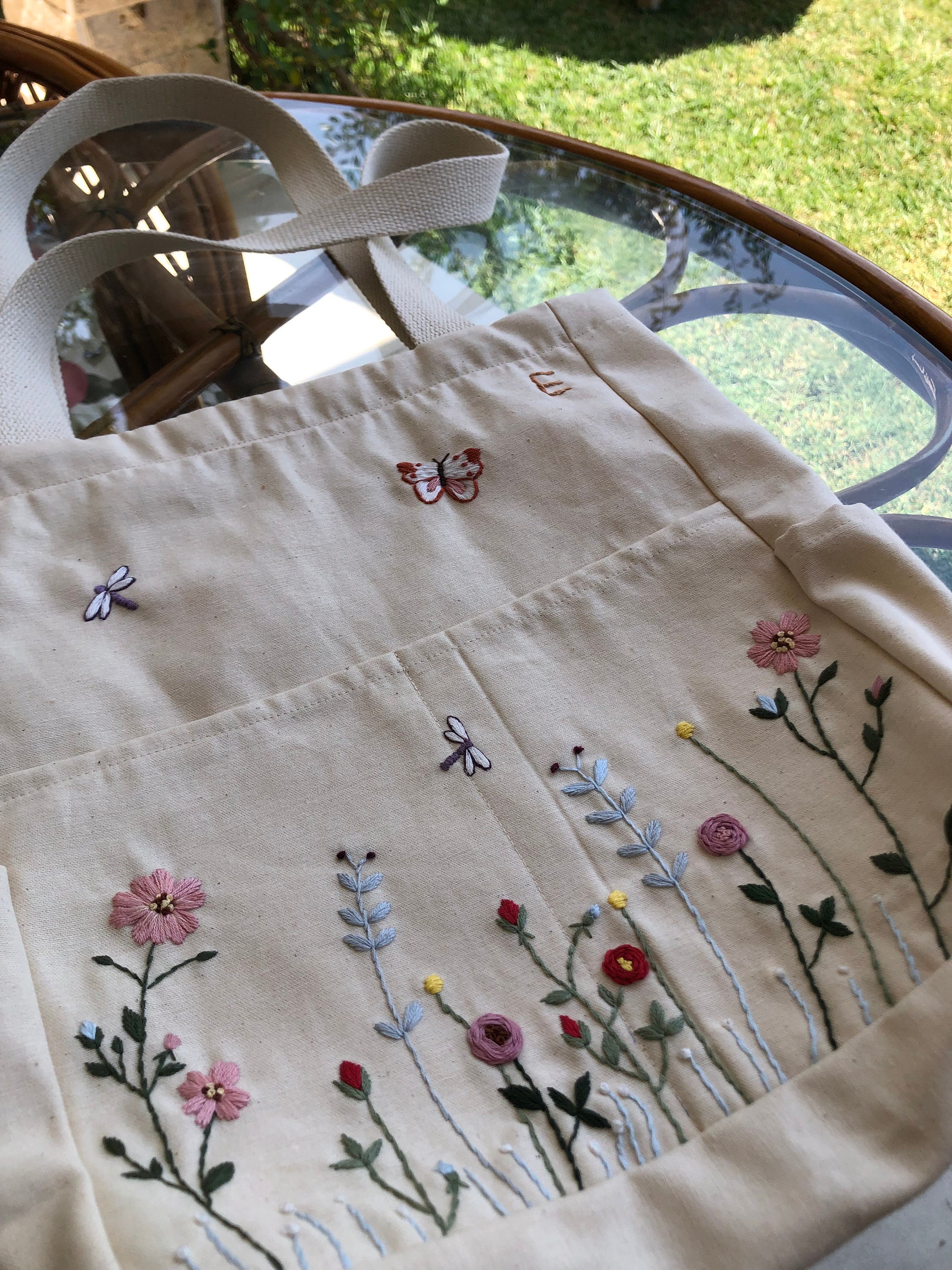 Flower Garden Embroidered Tote Bag, Floral Design Shoulder Bag, Hand ...
