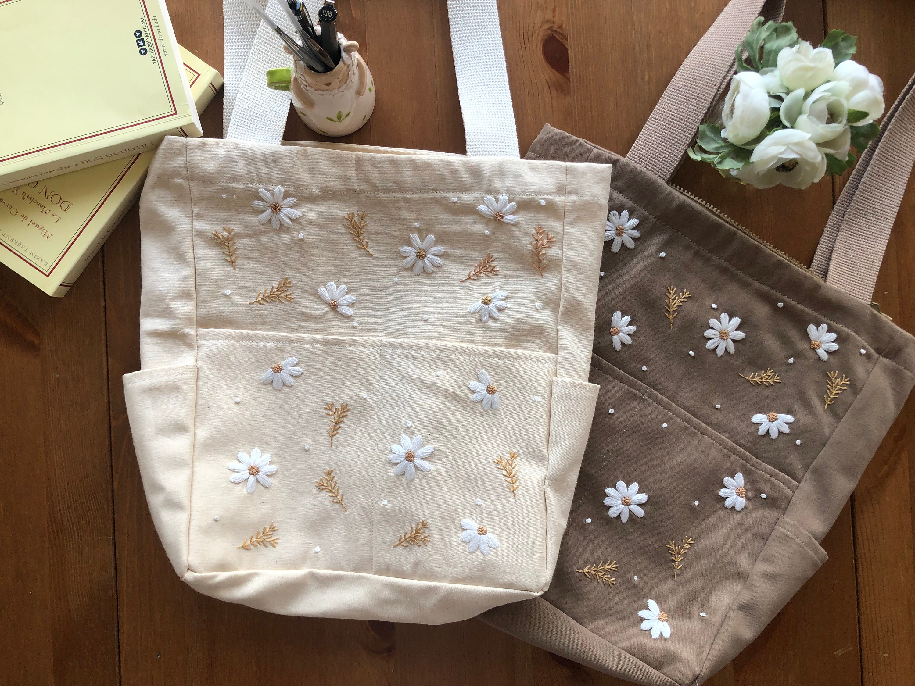 Daisy Embroidered Black Linen Tote Bag