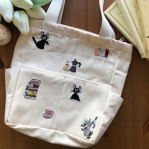 Ghibli Themed Tote, Hand Embroidered Shoulder Bag, Large Shoulder Bag, Cat Embroidery, Custom Made, Linen Bag, Gift For Her,Tote With Zipper