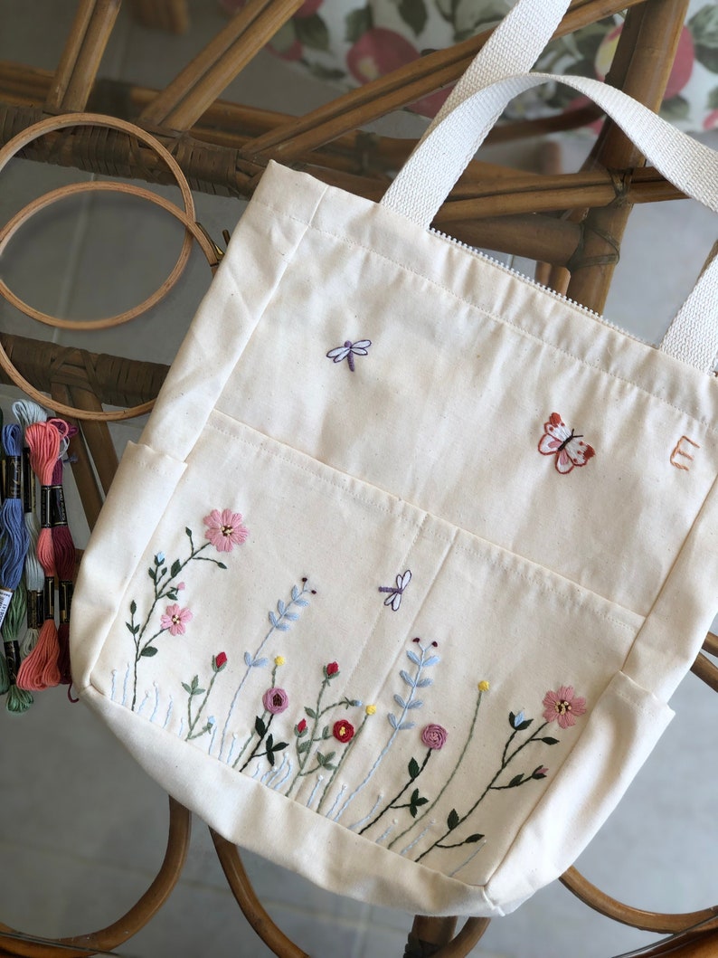 Flower Garden Embroidered Tote Bag, Floral Design Shoulder Bag, Hand ...