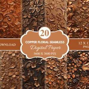 20 Floral Copper Textured Embossed Digital Paper Pack Vintage Seamless Wallpaper Decoupage Wrapping Scrap book Junk journal Paper Craft