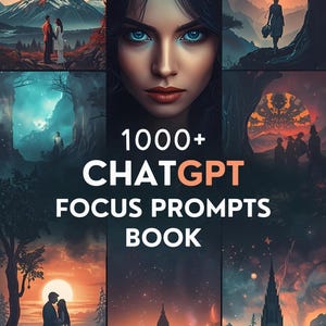 Puede incluir: Portada de libro con un retrato central de una mujer de ojos azules, rodeada de ilustraciones de paisajes fantásticos. El texto dice "1000+ ChatGPT Focus Prompts Book". El tema general es la fantasía y el arte digital.