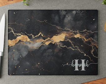 Black and Gold Marble Glass Cutting Board: Personalized Kitchen Gift