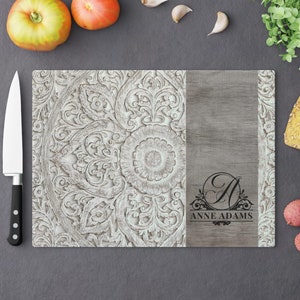 Wood Carving Theme Tempered Glass Cutting Board,Chop Board Personalized Glass Cutting Board, Monogrammed Glass Cutting Board,Chopping Board