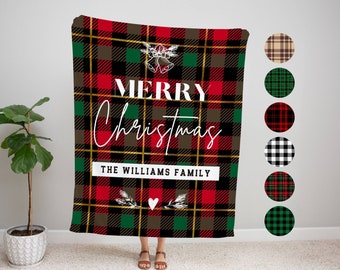 Couverture polaire personnalisée à carreaux avec nom de famille, cadeau de couverture joyeux Noël à carreaux avec nom personnalisé, cadeau pour la famille